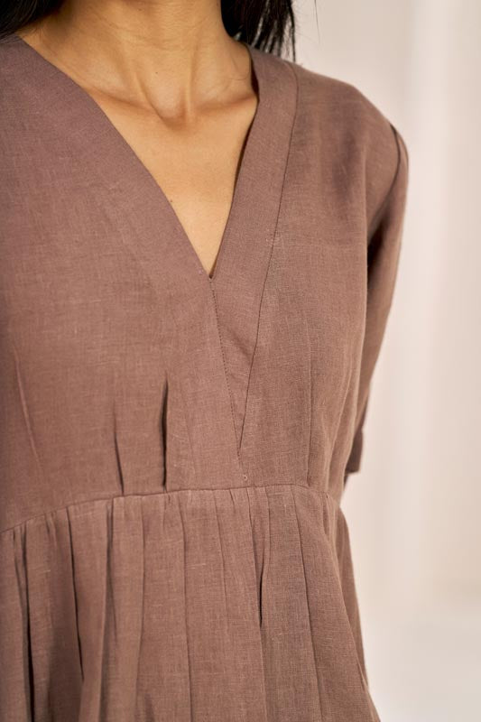 Pleated Sleeves V-neck Dress Brown Metal - Chi Linen