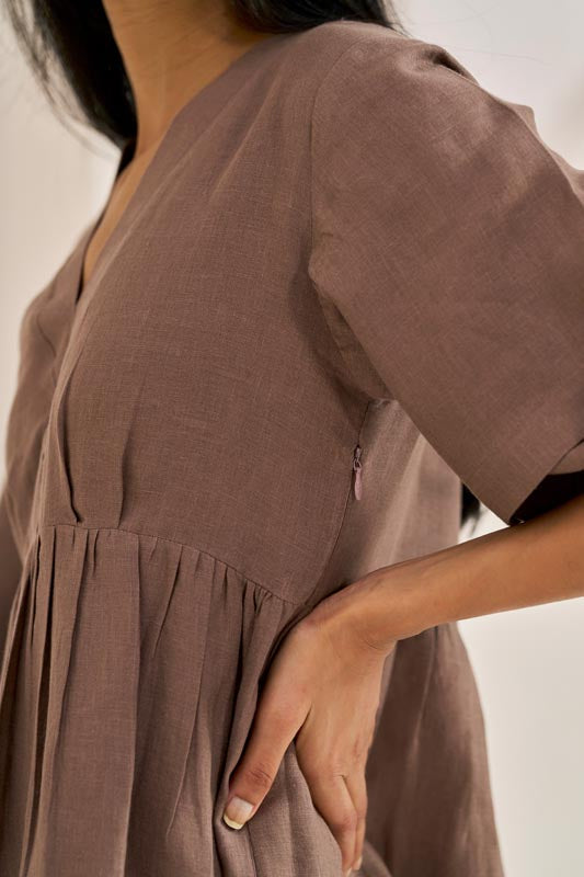 Pleated Sleeves V-neck Dress Brown Metal - Chi Linen