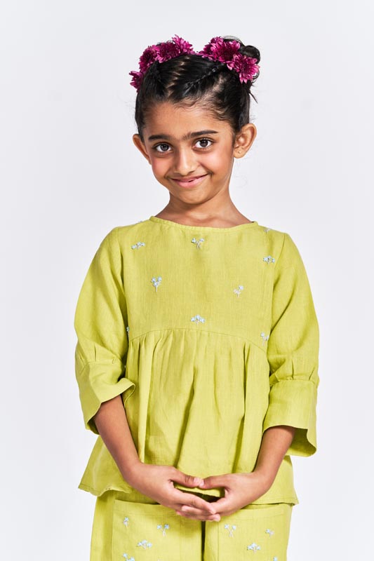 Lime Green Floral Embroidered Set - Chi Linen