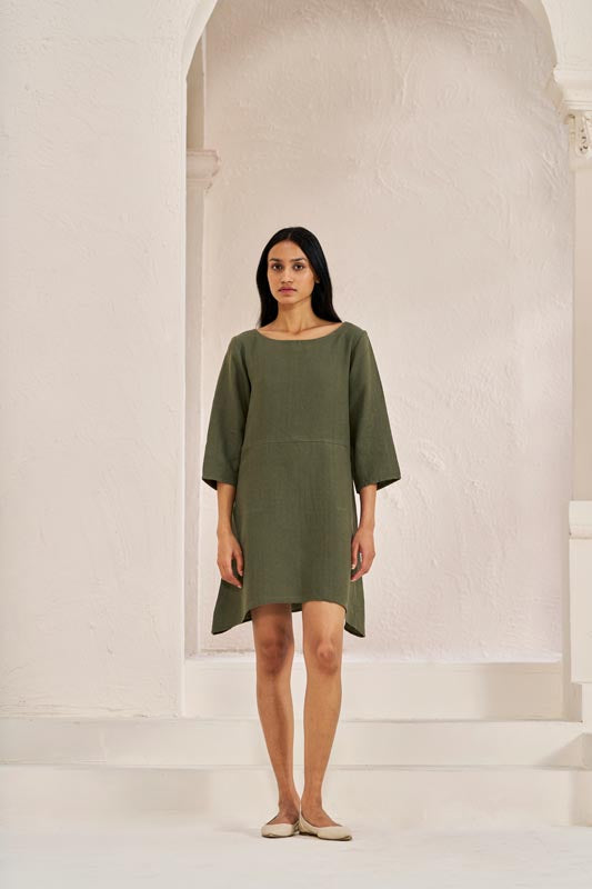 Boat Neck A-line Dress Crocodile Green - Chi Linen
