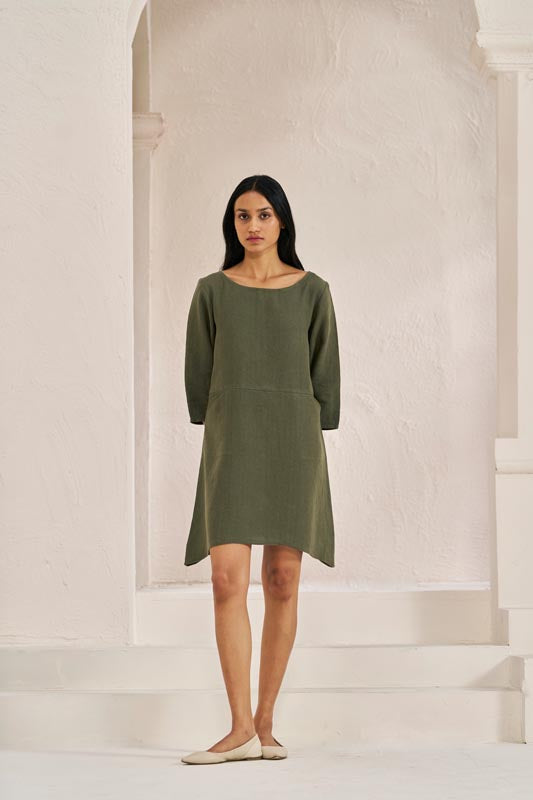 Boat Neck A-line Dress Crocodile Green - Chi Linen