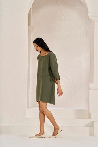 Boat Neck A-line Dress Crocodile Green - Chi Linen