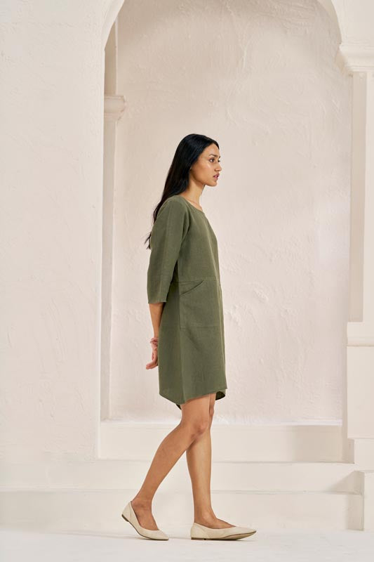 Boat Neck A-line Dress Crocodile Green - Chi Linen