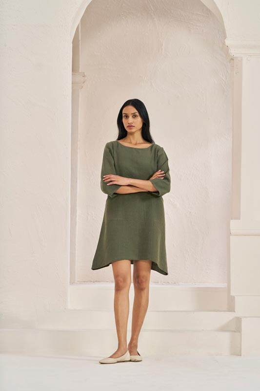 Boat Neck A-line Dress Crocodile Green - Chi Linen