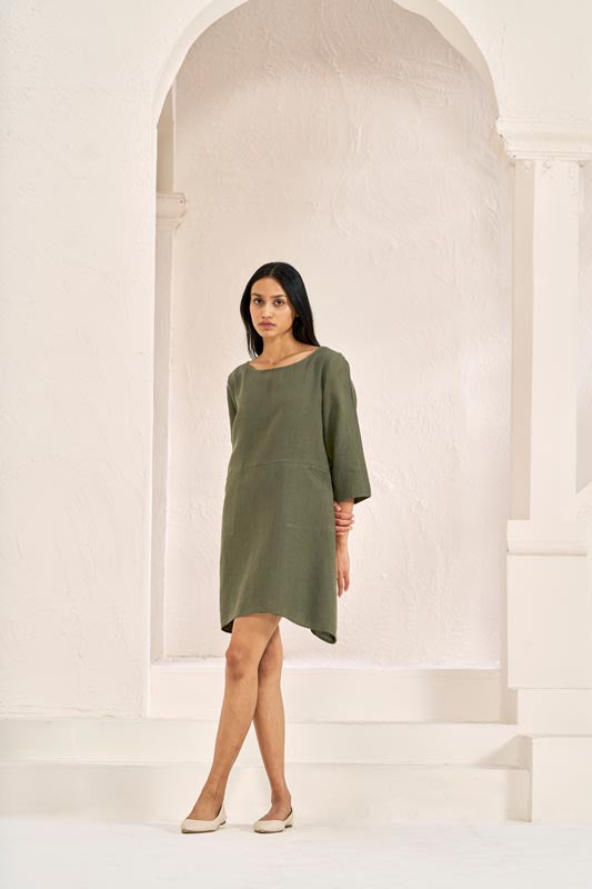 Boat Neck A-line Dress Crocodile Green - Chi Linen