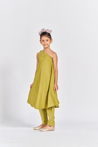 Olive Green One Shoulder Kurta Set - Chi Linen