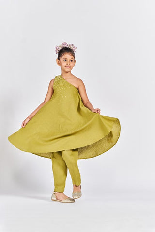 Olive Green One Shoulder Kurta Set - Chi Linen
