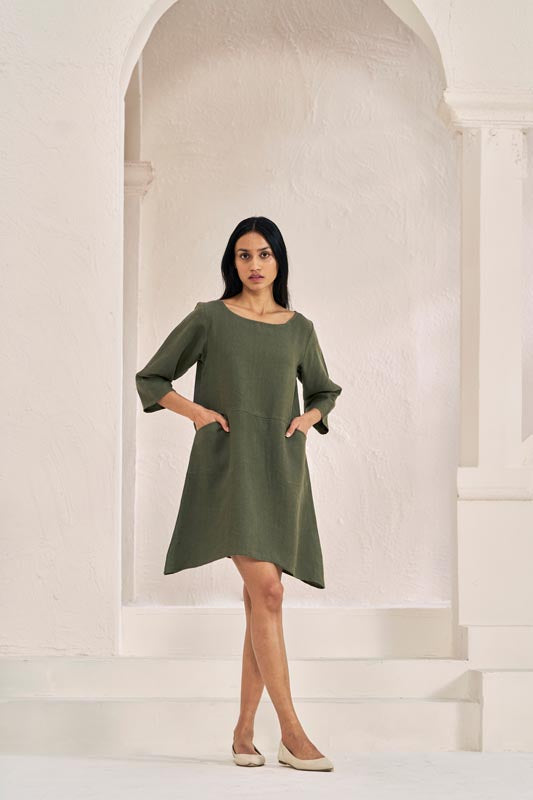 Boat Neck A-line Dress Crocodile Green - Chi Linen