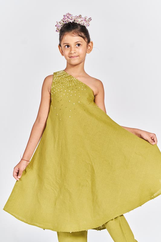 Olive Green One Shoulder Kurta Set - Chi Linen