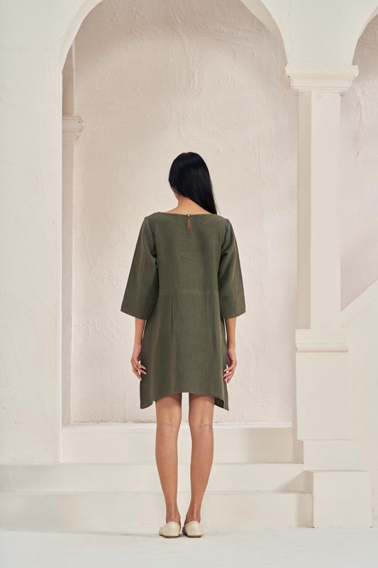 Boat Neck A-line Dress Crocodile Green - Chi Linen