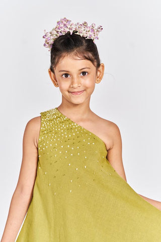 Olive Green One Shoulder Kurta Set - Chi Linen