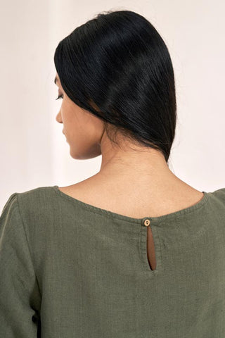 Boat Neck A-line Dress Crocodile Green - Chi Linen
