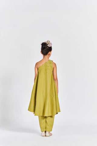 Olive Green One Shoulder Kurta Set - Chi Linen