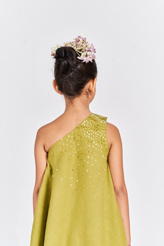 Olive Green One Shoulder Kurta Set - Chi Linen