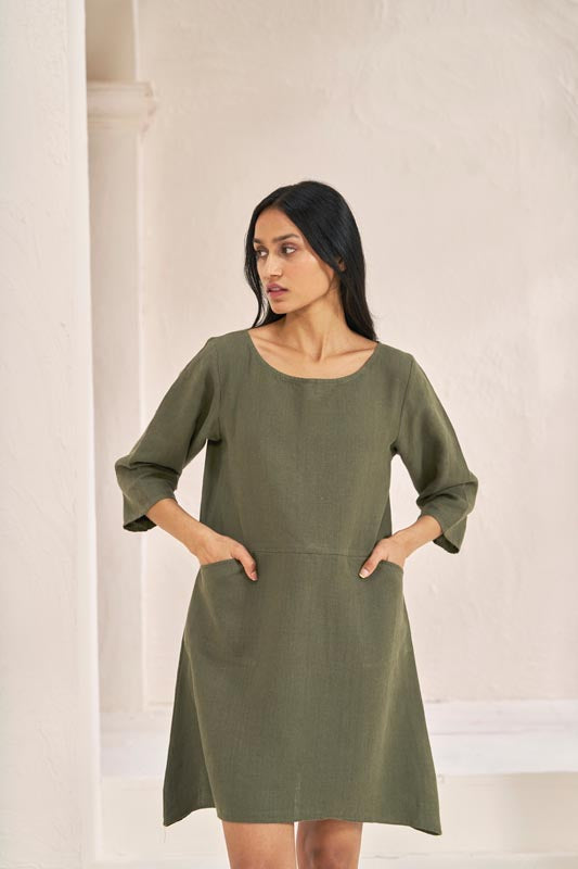 Boat Neck A-line Dress Crocodile Green - Chi Linen