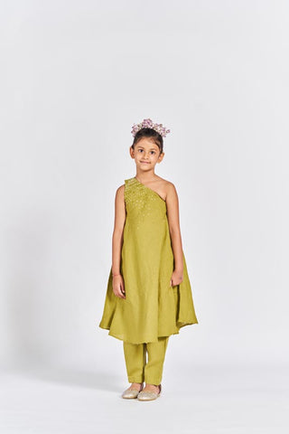 Olive Green One Shoulder Kurta Set - Chi Linen
