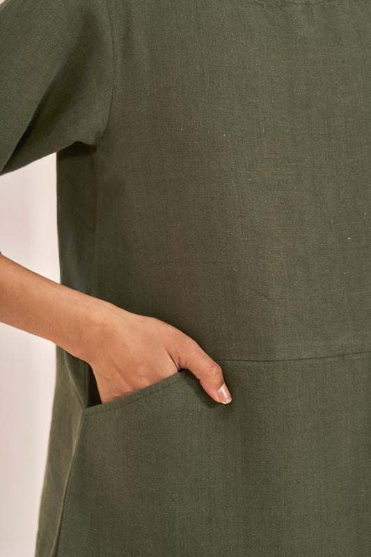 Boat Neck A-line Dress Crocodile Green - Chi Linen