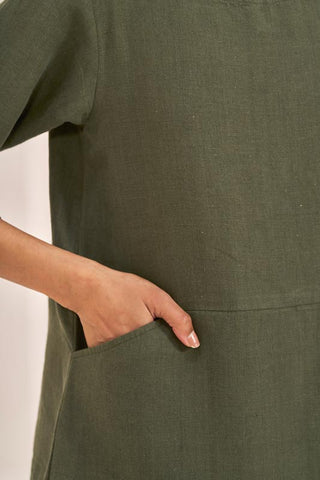 Boat Neck A-line Dress Crocodile Green - Chi Linen