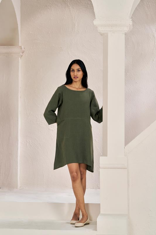 Boat Neck A-line Dress Crocodile Green - Chi Linen