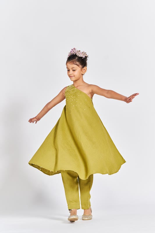 Olive Green One Shoulder Kurta Set - Chi Linen