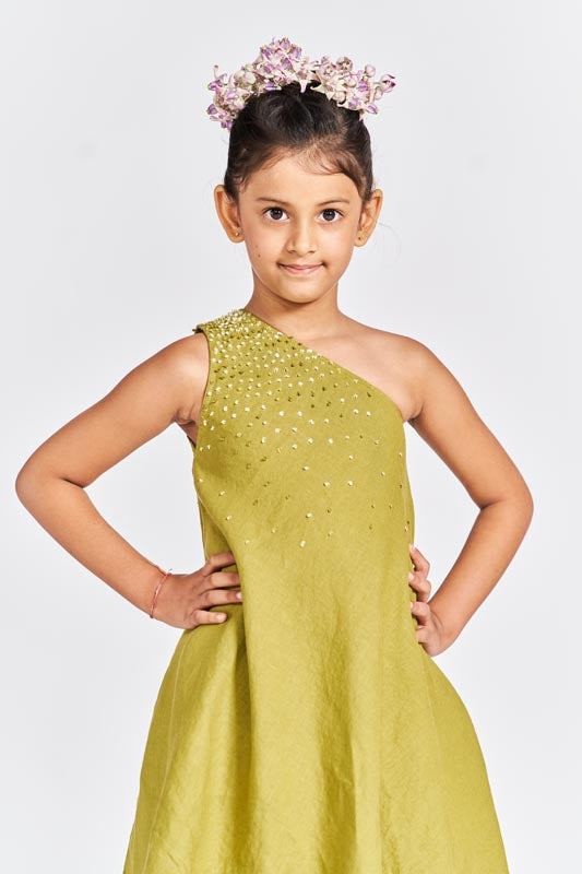 Olive Green One Shoulder Kurta Set - Chi Linen