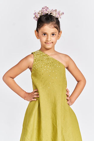 Olive Green One Shoulder Kurta Set - Chi Linen