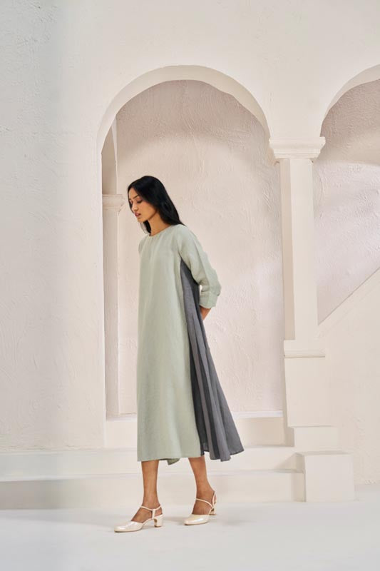 One Side Pleated Dress Mint Green - Chi Linen