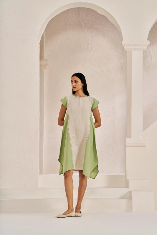 Cap Sleeve 2 Colour Dress Pastel Green - Chi Linen
