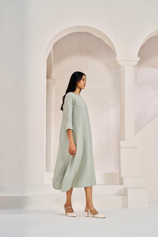 One Side Pleated Dress Mint Green - Chi Linen