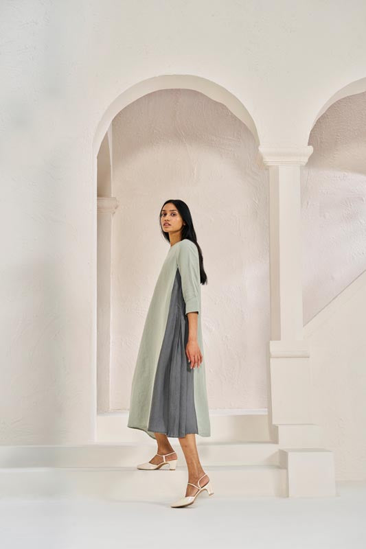 One Side Pleated Dress Mint Green - Chi Linen