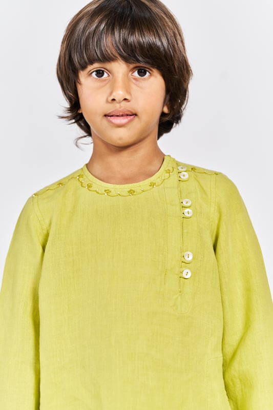 Lime Green Side Opening Kurta Set - Chi Linen