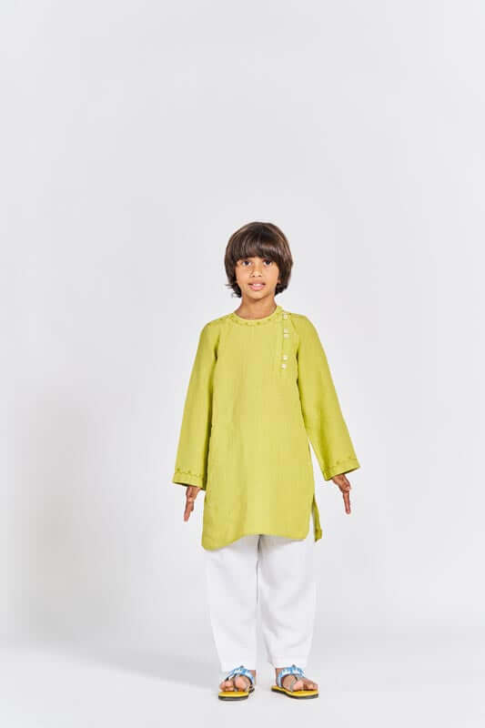 Lime Green Side Opening Kurta Set - Chi Linen