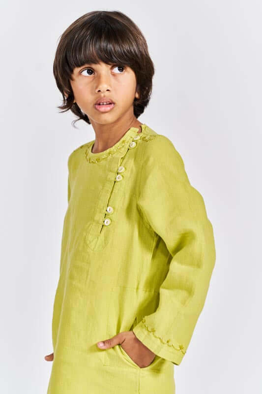 Lime Green Side Opening Kurta Set - Chi Linen