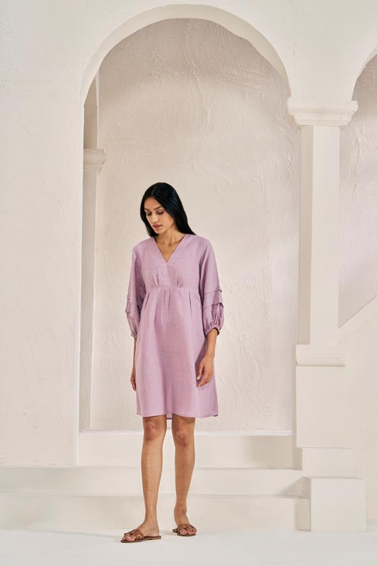 Pleated Sleeves V-neck Dress Pink - Chi Linen