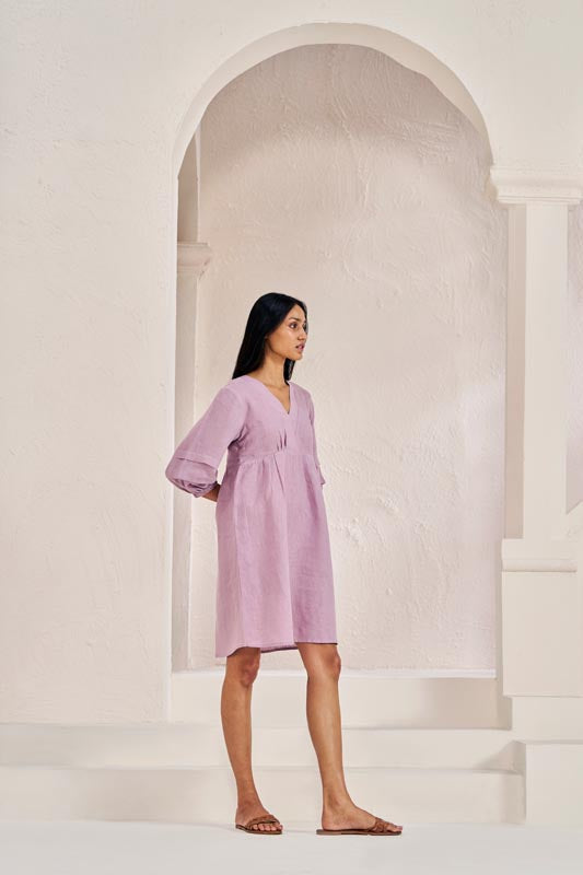 Pleated Sleeves V-neck Dress Pink - Chi Linen