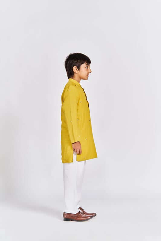 Mustard Yellow Stand Collar Kurta Set - Chi Linen