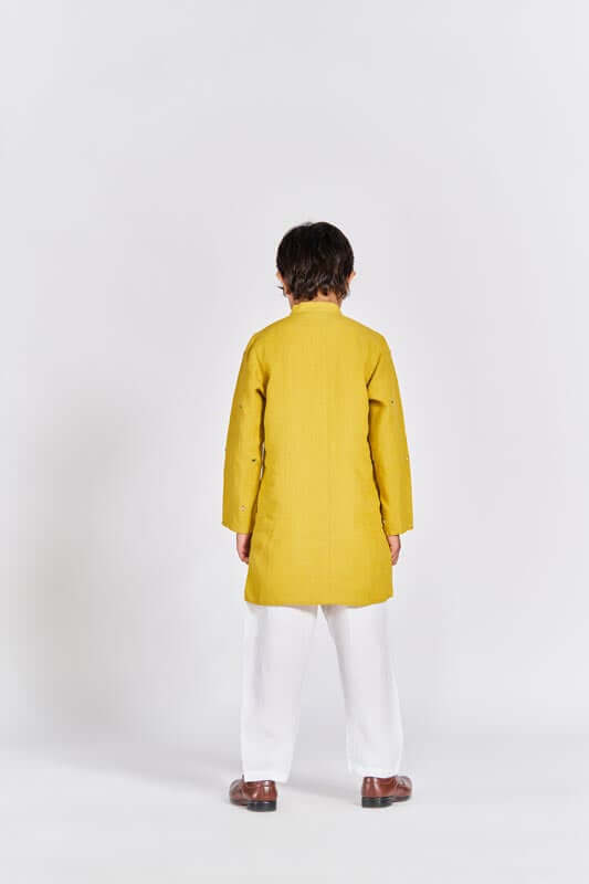 Mustard Yellow Stand Collar Kurta Set - Chi Linen
