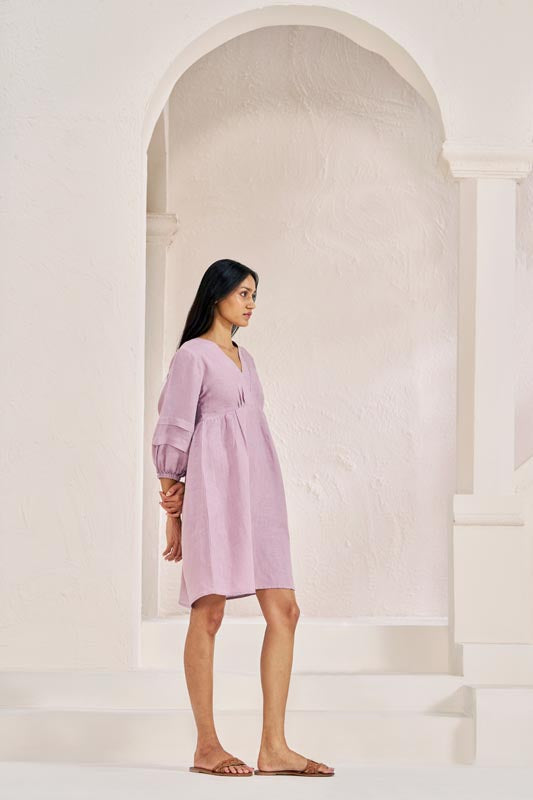 Pleated Sleeves V-neck Dress Pink - Chi Linen