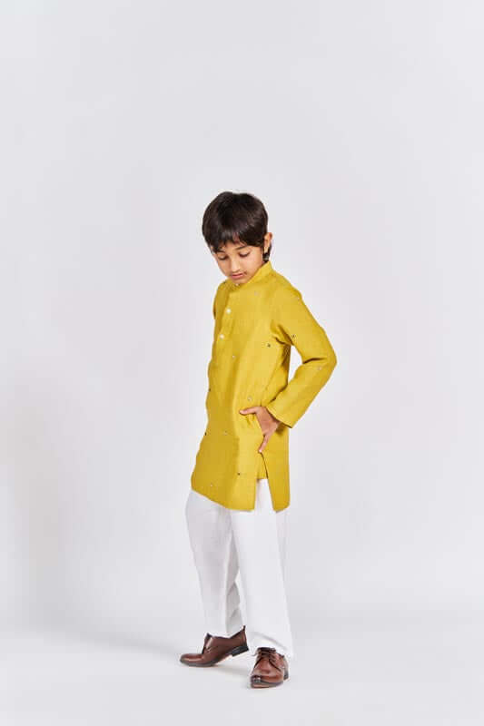 Mustard Yellow Stand Collar Kurta Set - Chi Linen