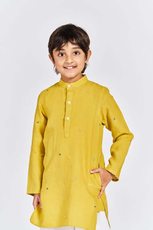 Mustard Yellow Stand Collar Kurta Set - Chi Linen
