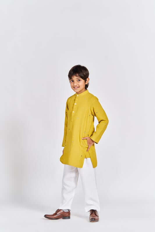 Mustard Yellow Stand Collar Kurta Set - Chi Linen