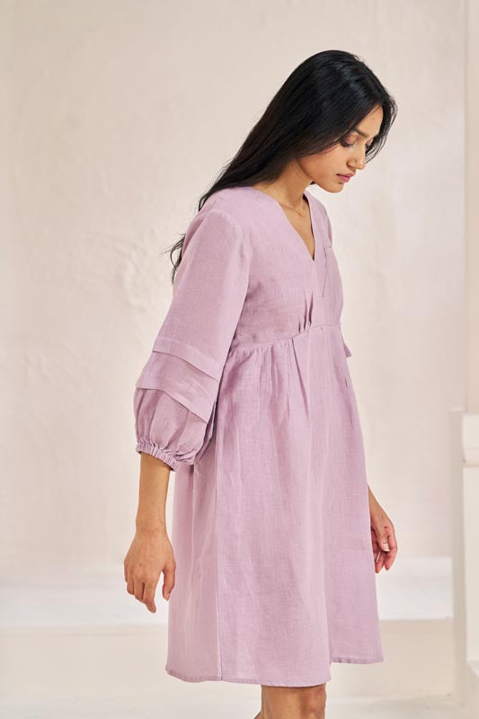 Pleated Sleeves V-neck Dress Pink - Chi Linen