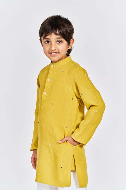 Mustard Yellow Stand Collar Kurta Set - Chi Linen