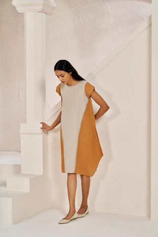 Cap Sleeve 2 Colour Dress Sand Brown - Chi Linen