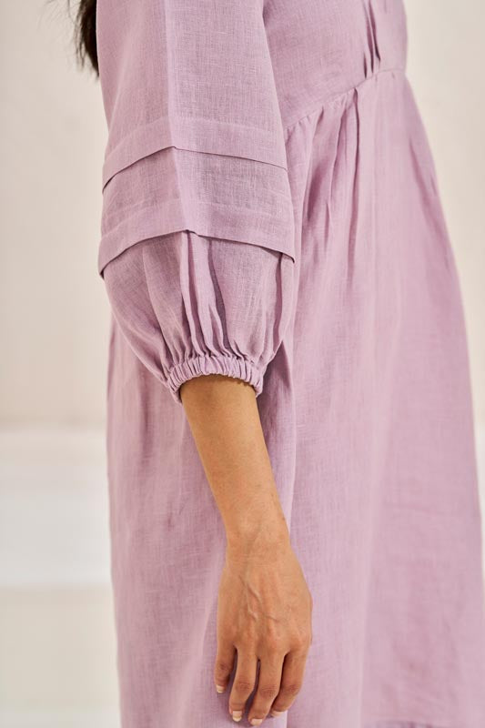 Pleated Sleeves V-neck Dress Pink - Chi Linen