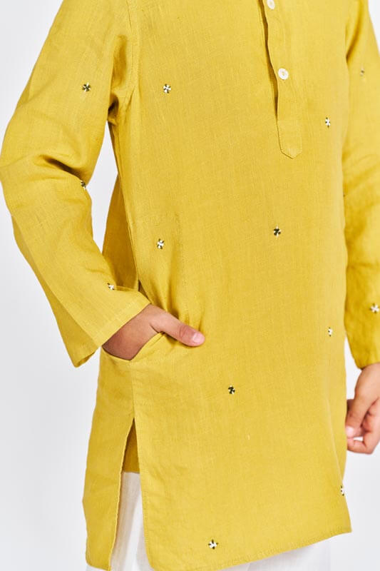 Mustard Yellow Stand Collar Kurta Set - Chi Linen