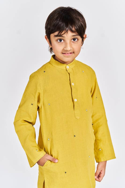 Mustard Yellow Stand Collar Kurta Set - Chi Linen