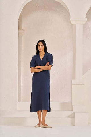 V-Neck Side Slit Dress Navy Blue - Chi Linen