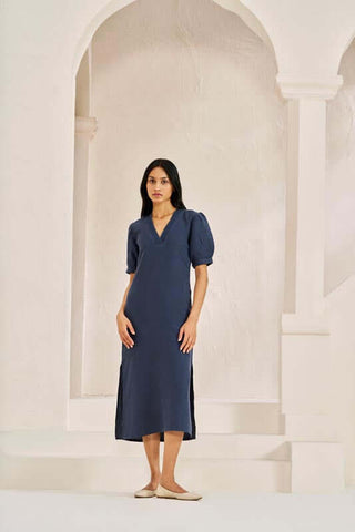 V-Neck Side Slit Dress Navy Blue - Chi Linen