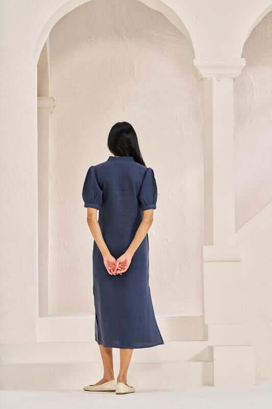 V-Neck Side Slit Dress Navy Blue - Chi Linen